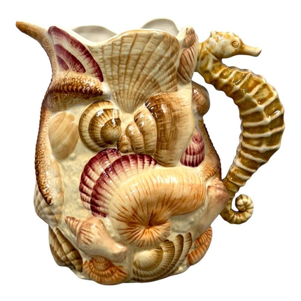 Pacific Rim Undersea Ceramic Pitcher Seahorse Starfish Sea Shells 2qt Nautical